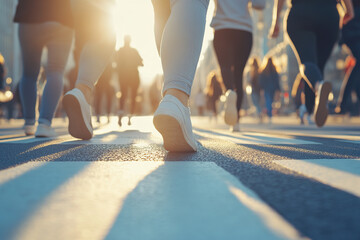 Closeup of people legs crossing the street on the crosswalk