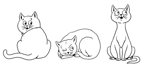Set of funny cats to color in. Cartoon animal characters.