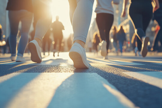 Closeup of people legs crossing the street on the crosswalk