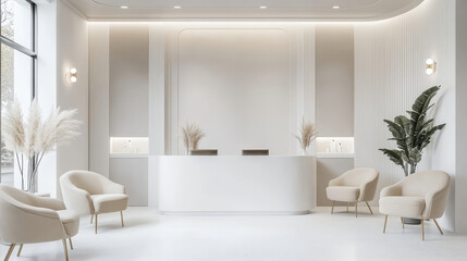 white luxury showroom with reception area, beige chairs in the waiting area