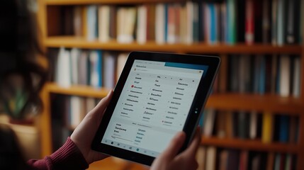 A digital reading list app on a tablet, displaying upcoming books to read, with notes and reminders