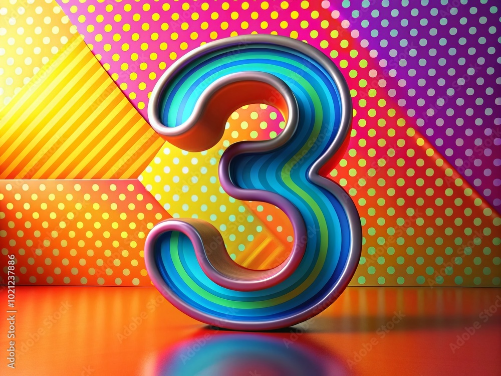 Poster artistic representation of the number three in a bold and creative design against a colorful backdro