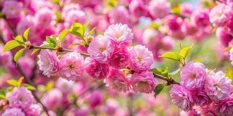 Fototapeta premium A delicate branch of pink blossoms against a backdrop of soft, out-of-focus blooms, showcasing the beauty of nature's springtime awakening.