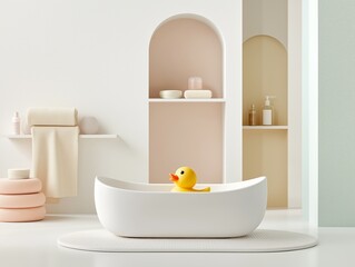 Minimalist Baby Bathroom Setup with Bathtub and Yellow Rubber Duck