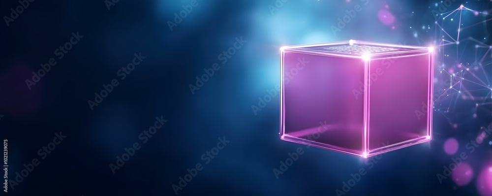 Poster enigmatic cyber mystery box in cosmic nebula - glowing edges unknown technology and digital code loc