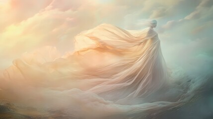 figure dressed in soft flowing translucent fabric gown 