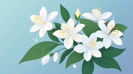 Obraz premium White jasmine flowers display beautifully on a bright blue background.