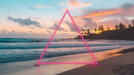 A wallpaper of a pink neon glowing triangle shape on the center of Sunset Beach.
