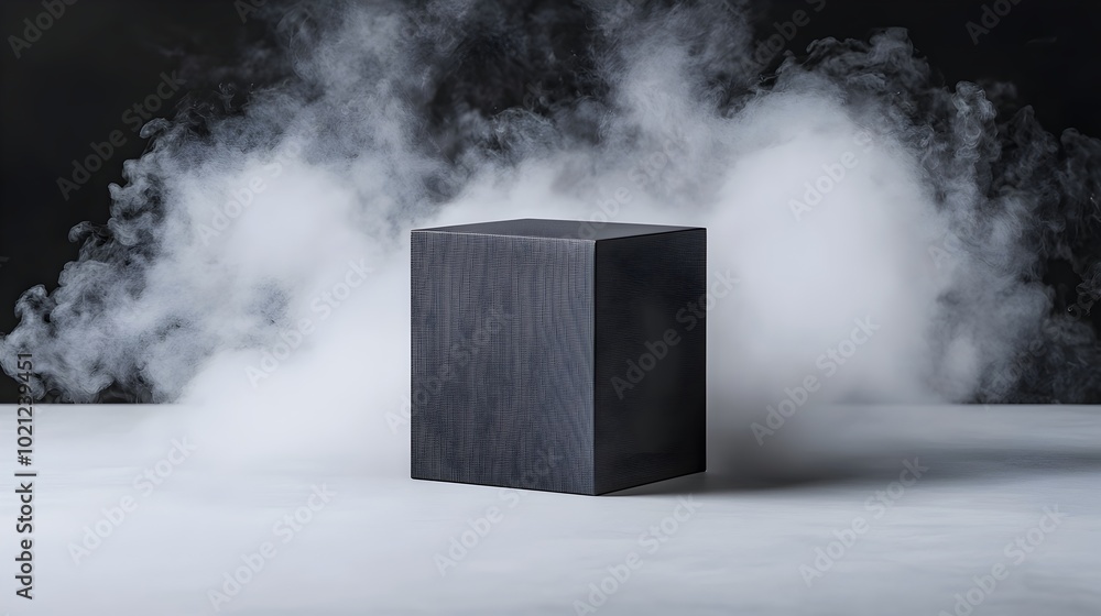 Poster minimalist mystery box in monochrome tones - sleek packaging and concealed content floating in a mys