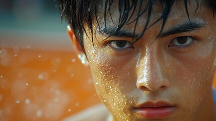 The energetic splash of water accents the youthful athletic face, highlighting intense determination and focus. A dynamic image that captures movement and emotion.