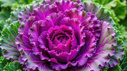 Obraz premium A vibrant purple ornamental cabbage blooms in a garden, its intricate ruffled leaves forming a delicate and mesmerizing pattern.
