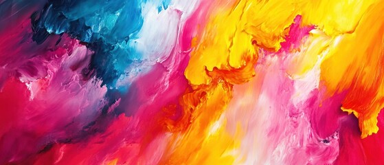 A vibrant abstract painting with swirling colors of blue, pink, yellow, and orange.