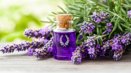 A vibrant glass bottle filled with lavender oil sits among fresh lavender flowers on a wooden surface, evoking a serene atmosphere, Ideal for articles on aromatherapy, wellness, or herbal remedies,