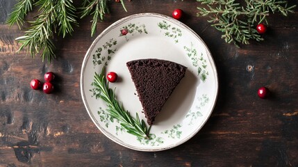 Jamaican Black Cake slice on a vintage plate, isolated on a dark wood table background with sprigs of rosemary and cranberries