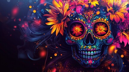 Detailed artistic representation a Day the Dead sugar skull with elaborate designs and vivid colors against a dark background