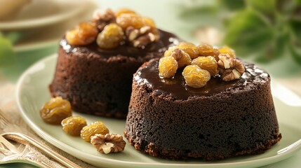 Jamaican Black Cake topped with golden raisins and walnuts, isolated on a soft green background with elegant silverware