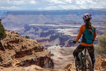 Fototapeta premium Female rider taking a break at a scenic overlook on International Female Ride Day
