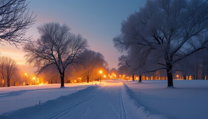 Snow-Covered Park Path at Twilight. Winter Park Scene with Glowing Lanterns