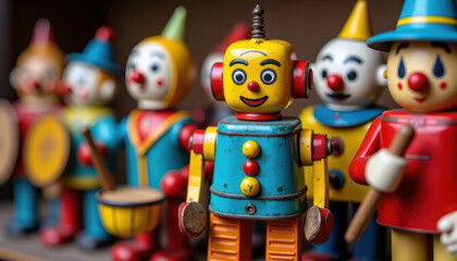 A collection of vibrant, vintage toy robots and clowns showcasing nostalgic design. These mechanical toys evoke memories of childhood 