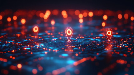 Obraz premium Digital Map with Glowing Location Markers in Futuristic City