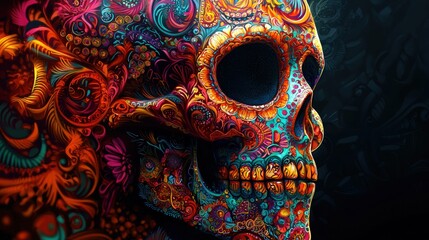 Detailed artistic representation a Day the Dead sugar skull with intricate patterns, vivid colors, and a dramatic dark background