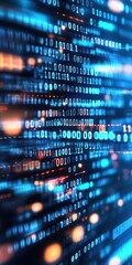 Fototapeta premium Binary code in vibrant blue tones filling a computer screen, sharp 1s and 0s in focus Depth of field effect, futuristic and techdriven atmosphere, closeup view