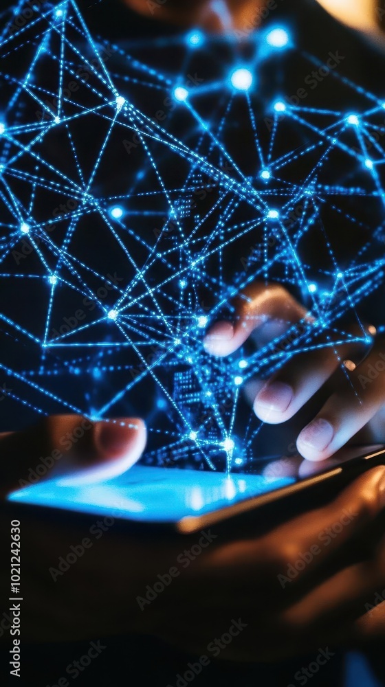 Poster hands holding a tablet displaying global healthcare networking icons and medical data