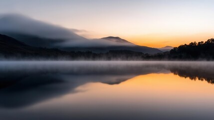 Fototapeta premium Morning mist rising from a tranquil lake, [lake morning mist], [subtle power of water]