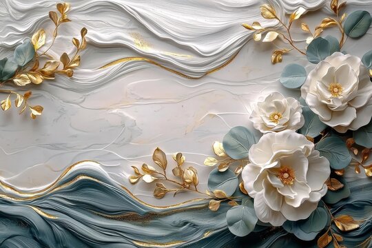 On a white background, brown rose flowers, eringium flowers, and eucalyptus branches stand out against the flat lay, top view. A floral background was used in this design.