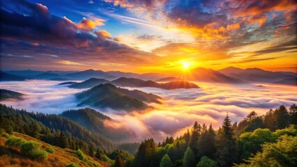 Obraz premium A Majestic Sunrise Over a Sea of Clouds, Bathing the Mountain Ranges in a Golden Glow, Creating a Serene and Breathtaking Landscape