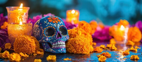 Elegant Day the Dead altar featuring intricately designed sugar skulls, marigold petals, and candles in a vibrant, festive display