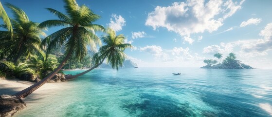 Tropical paradise with palm trees and crystal-clear waters under blue skies.