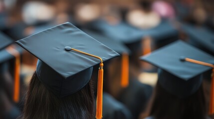 Back of the Head of a High School Graduate Wearing a Black Graduation Cap With an Orange Tassel in a Crowd of Graduates