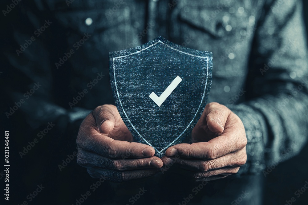 Aufkleber A businessman with virtual cyber security technology, online data protection, and virtual data security technology used by a global network server to secure cyber data.