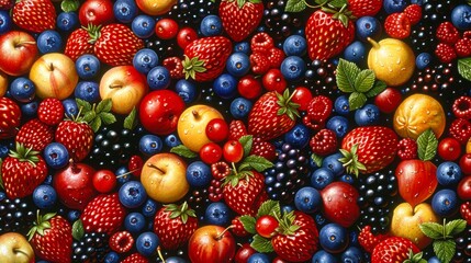 Fototapeta premium A vibrant array of fresh fruits including strawberries, apples, and blueberries is displayed, perfect for use in marketing, culinary, or health-related materials to evoke freshness and vitality,