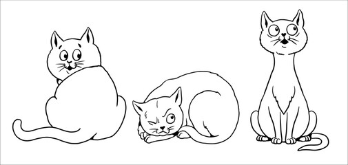 Set of funny cats to color in. Cartoon animal characters. Vector drawing.