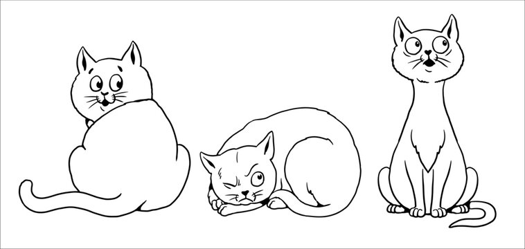 Set of funny cats to color in. Cartoon animal characters. Vector drawing.