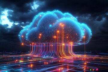 Fototapeta premium A colorful cloud with a lot of wires coming out of it. surrounded by a cityscape with buildings and streets. futuristic, technological. Cyber security, Cloud Networking, AI Mind Modern, Data Center