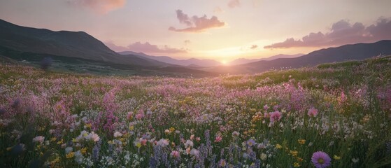 Breathtaking mountain sunset over a vibrant wildflower meadow.