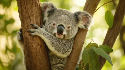 Obraz premium A close-up of a koala clinging to a tree branch in a natural setting.
