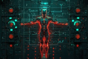 Futuristic Cyborg Figure Integrated into a Technological Wall