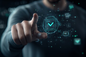 Person is using laptop to approve business process workflow using paperless approval online.