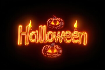 The word "Halloween" in glowing neon orange, yellow, and blue letters with two lit candles on each side of the text. The background is black