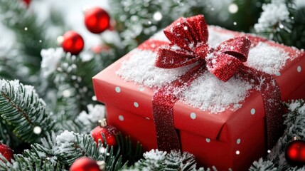 Christmas Gift with Delicate Bow on Evergreen Branch