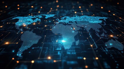 Fototapeta premium A digital world map with interconnected data points, illustrating global connectivity.