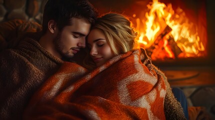 Obraz premium A young couple sharing a tender moment, wrapped in a warm blanket, set against a cozy fireplace