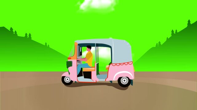 Green screen animation of an auto-rickshaw. a man driving tuk tuk