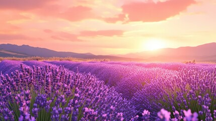 Gorgeous lavender field at sunset, with vibrant purple hues under a colorful sky.