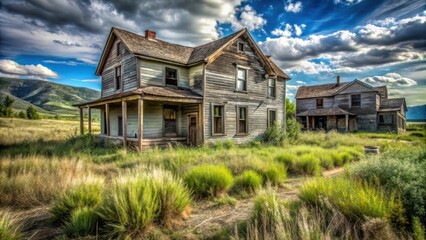 Fototapeta premium A weathered, two-story farmhouse stands alone in a field of tall grass, its windows boarded up and its paint peeling, a testament to time and neglect.