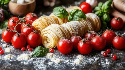 Pasta nests are set among fresh tomatoes and basil, dusted with flour, creating a rich, savory display against a dark background that evokes a sense of homemade Italian cooking.
